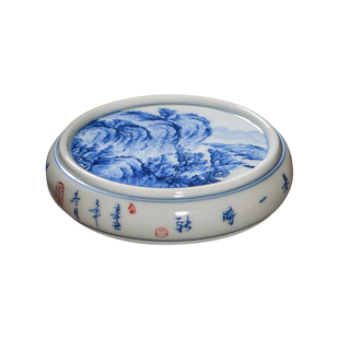 钟家窑陶瓷盖置景德镇柴窑青花手绘山水图茶盖置盖托茶壶盖托杯垫