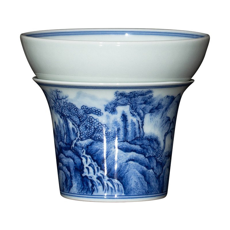 钟家窑陶瓷茶滤景德镇柴窑青花山水过滤茶叶茶漏茶水分离器茶配件