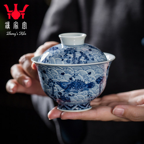 钟家窑盖碗柴窑青花手绘