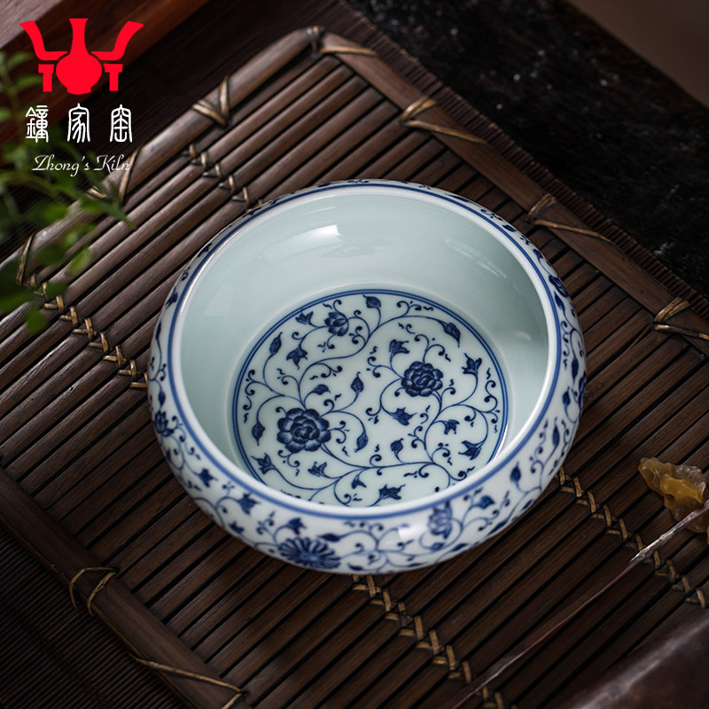 锺家窑陶瓷水洗景德镇纯手绘青花缠枝花纹水洗大号茶道烟灰缸花盆