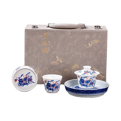 景德镇青花瓷釉里红麒麟纹三才盖碗马蹄茶杯套装中式功夫茶具家用