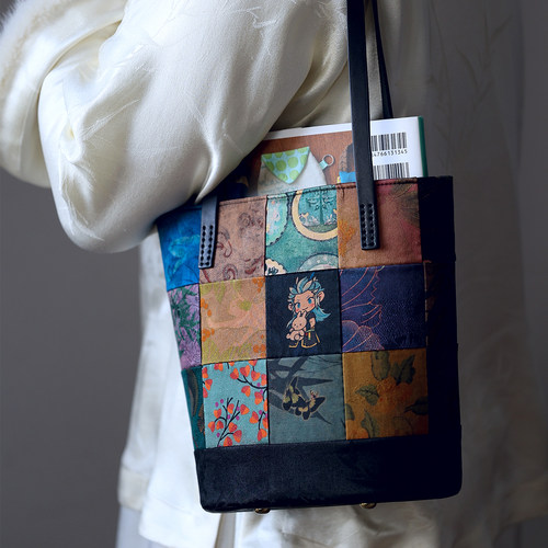 新款拼布水桶包拎国风手工通勤包