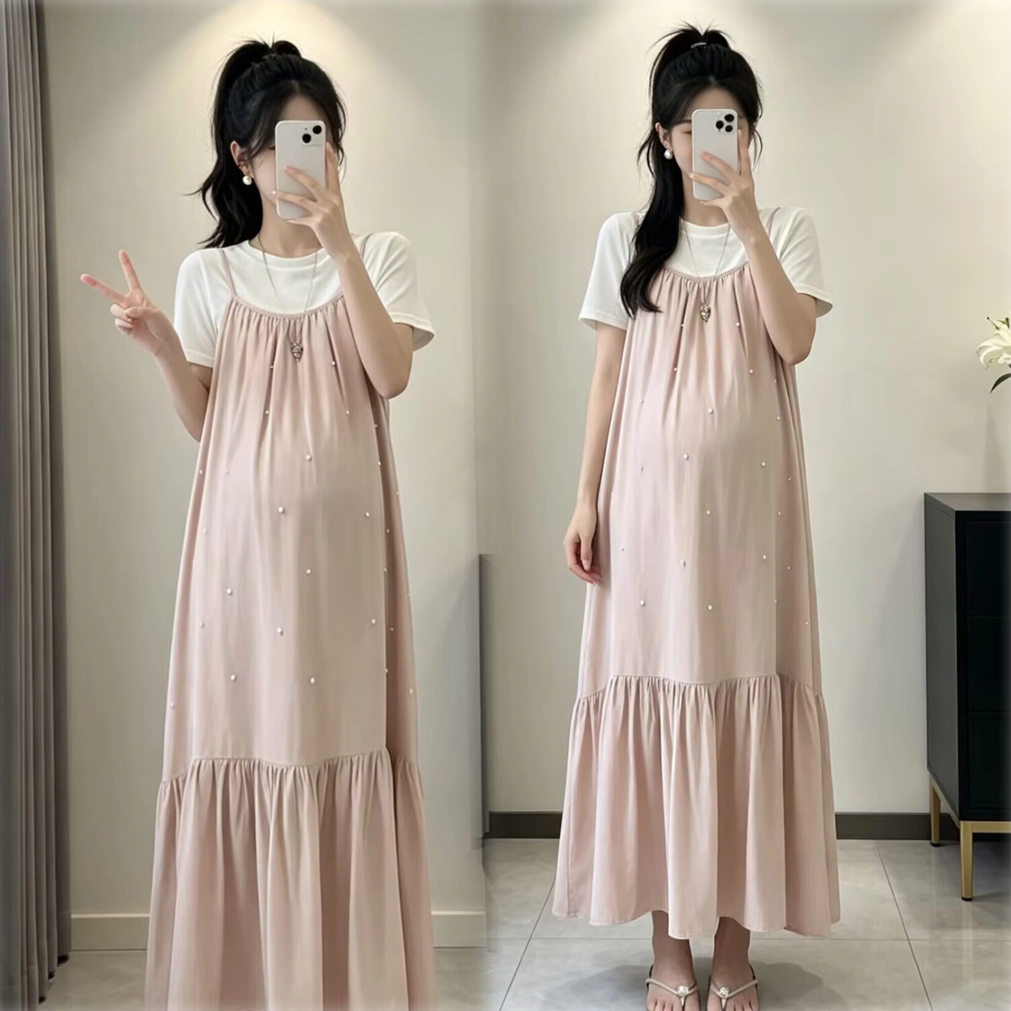 孕妇夏季韩系吊带连衣裙显瘦套装