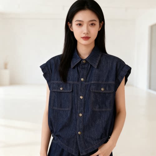 YAOLY姚领牛仔风短袖衬衫女夏季薄款设计852M22704