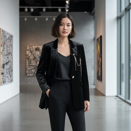 YAOLY姚领轻奢黑色丝绒西装设计感链条装840K30692