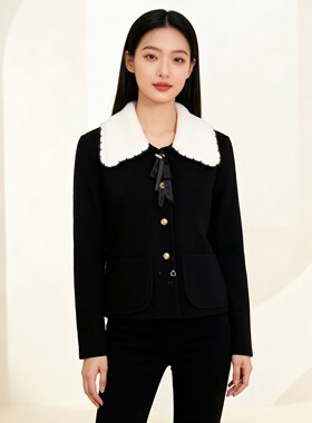 姚领黑色毛领衬衫女长袖娃娃领系带金属扣毛呢上衣941H45541