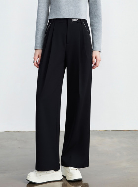 姚领YAOLY大口袋黑色长裤直筒裤简约口袋休闲裤815M35438