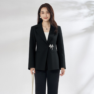 纯色V领长袖 外套女841M41408 中长款 姚领YAOLY黑色职业西装