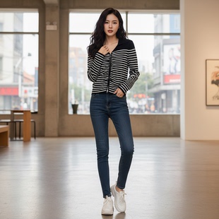 姚领YAOLY条纹针织开衫 百搭高级感毛衣外套881K12201 女双拉链修身