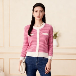 针织长袖 航妈专享 姚领玫红色上衣女小香风短款 881K12452 开衫