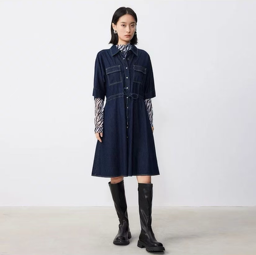 YAOLY姚领美式牛仔风衬衫连衣群收腰系带854H31832