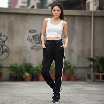 姚领YAOLY黑色束脚卫裤女宽松自然腰长裤休闲百搭运动裤829K10901