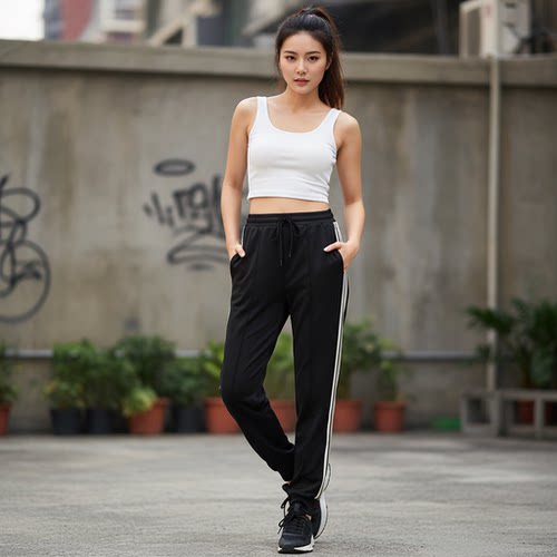 YAOLY姚领黑色束脚卫裤女宽松自然腰长裤829K10901