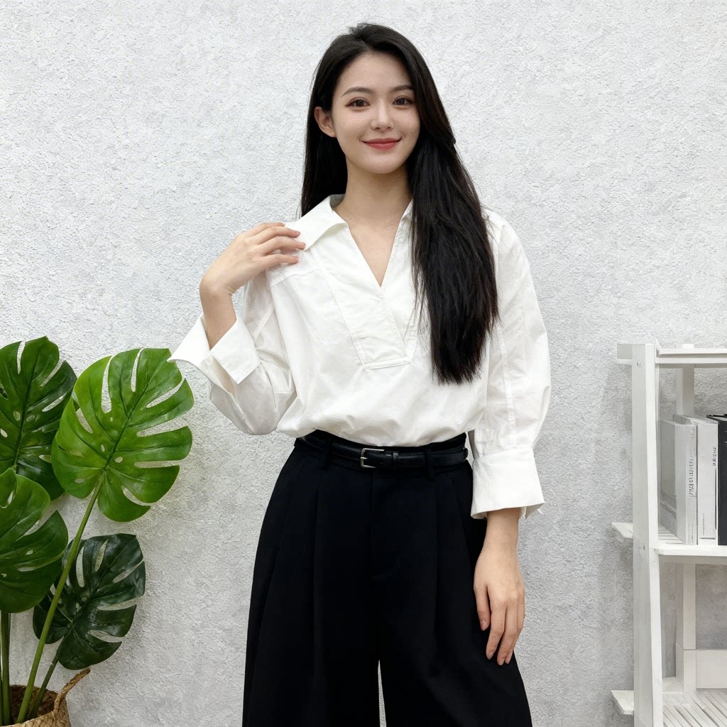 姚领YAOLY极简风白色真丝衬衫女长袖宽松休闲百搭上衣833M10773