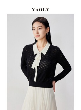 姚领YAOLY格子绵羊毛娃娃领气质长袖针织衫880K11932优雅风装饰