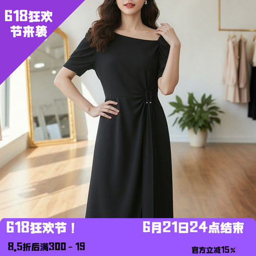 姚领YAOLY黑色设计感连衣裙女收腰显瘦气质长裙优雅简约854k20492