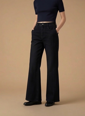 姚领YAOLY黑色微喇牛仔裤高腰显瘦九分裤梨形身材喇叭裤815K12601