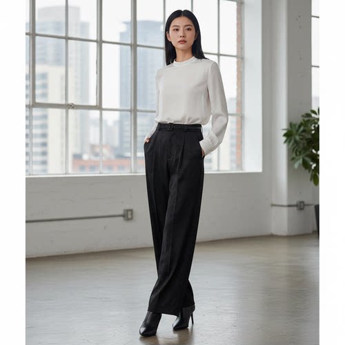 姚领通勤高腰直筒裤女黑色长裤垂坠感显瘦百搭休闲裤810M20381
