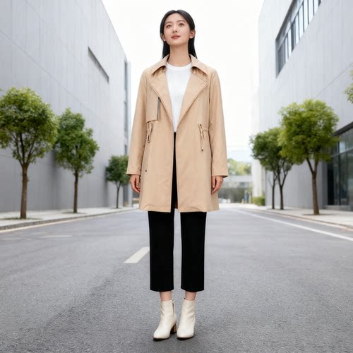 姚领YAOLY英伦双排扣风衣中长款西装领抽绳收腰通勤外套842H11504