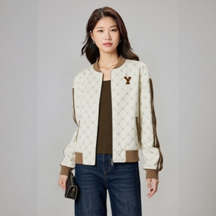 姚领新款 拉链米白色女士通勤风短外套841H32443 航妈专享