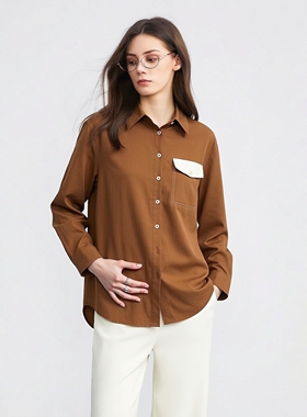 姚领复古翻领长袖衬衫女橙色口袋设计休闲叠穿上衣832H30311