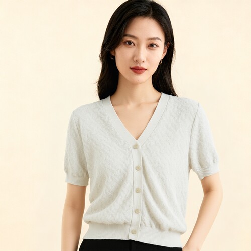 YAOLY姚领黑色V领短袖针织开衫女夏薄款881K21701