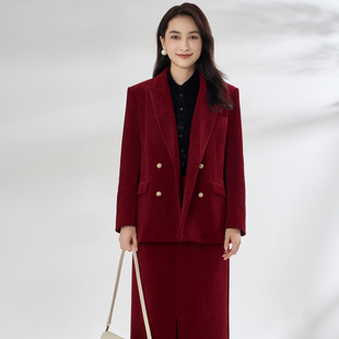 姚领YAOLY冬新品 酒红色外套841K40635通勤风V字领 航妈专属