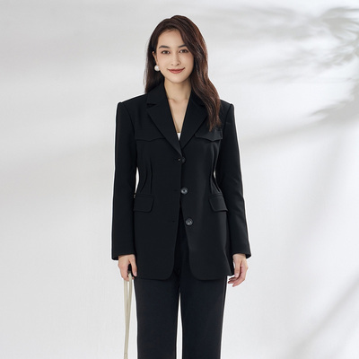 姚领YAOLY黑色西装职业装外套V领中长款长袖841M35378