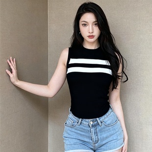 姚领YAOLY黑色条纹针织背心修身 毛衣内搭上衣896K11092 显瘦打底衫