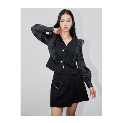 姚领YAOLY黑色上衣短外套832M35248长袖荷叶边优雅风纽扣女士