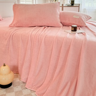 粉红色加厚牛奶绒床单单件胭脂粉桃粉冬季加绒法兰绒被单单人1.2m