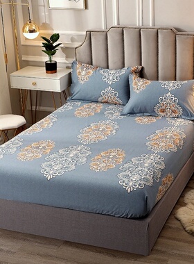 欧式印花全包加厚磨毛床笠单件驼黄灰蓝色全棉床套罩纯棉单人1.5m