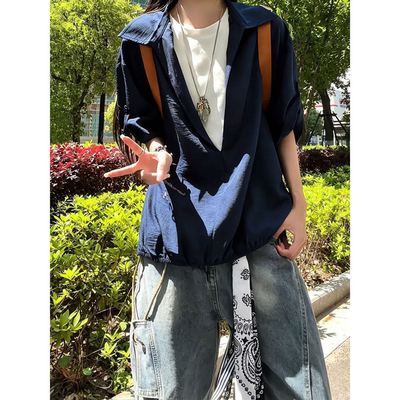 藏青色假两件短袖衬衫男女夏季薄款仿亚麻v领t恤衬衣半袖翻领外套