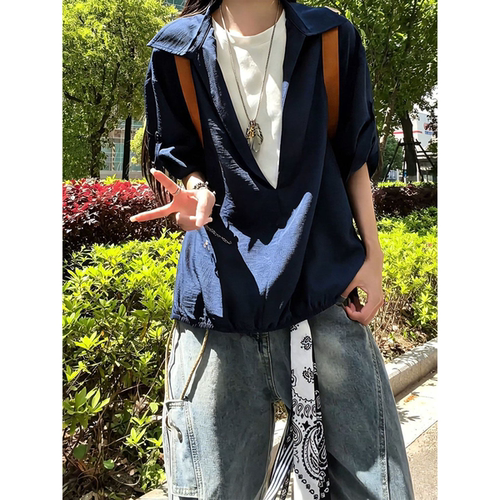 藏青色假两件短袖衬衫男女夏季薄款仿亚麻v领t恤衬衣半袖翻领外套