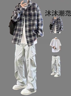 日系复古格子衬衫男士套装秋季男生外套搭配工装裤风格衬衣三件套