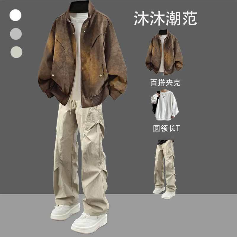 高级感夹克外套男套装秋冬季美式复古潮牌痞帅棒球领机车服三件套