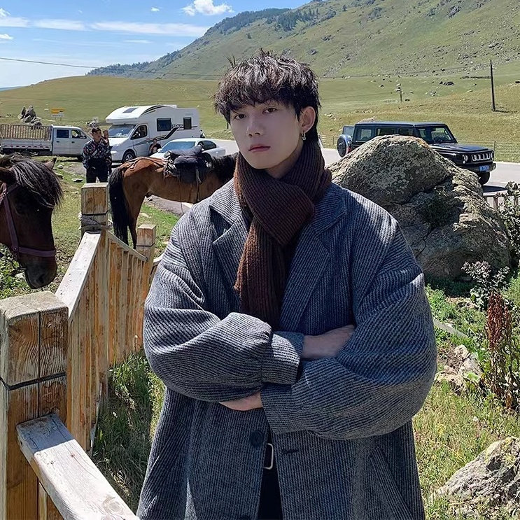 冬季保暖灯芯绒夹棉长款毛呢大衣男ins英伦风高级感轻熟宽松风衣