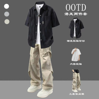 夏装提花扎染短袖衬衫男士美式高级感休闲潮流痞帅夏季衬衣外衣男