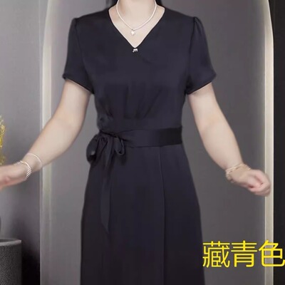 高级冰丝提花缎简约时尚纯色礼服裙2025夏季新款中青年婆婆连衣裙