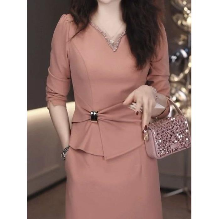 高档西装TR面料假两件礼服裙2025秋季新款时尚洋气遮肉显瘦连衣裙