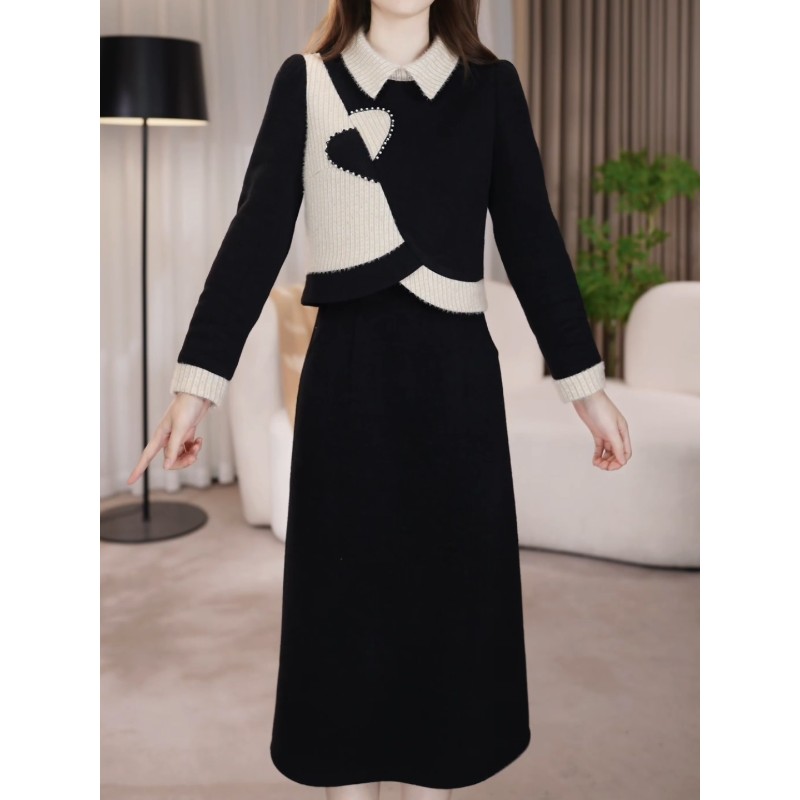 高端精致假俩件连衣裙女2025冬季新款气质百搭加厚保暖中长款裙子