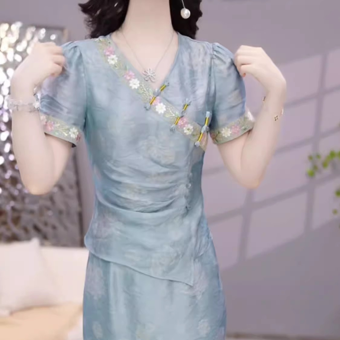 高级宋锦花萝新中式国风套装旗袍裙2025夏季新款上衣裙子俩件套女