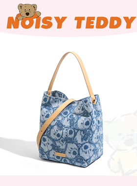 NOISY TEDDY嘻闹泰迪包包女牛仔印花水桶包女包单肩斜挎包托特包
