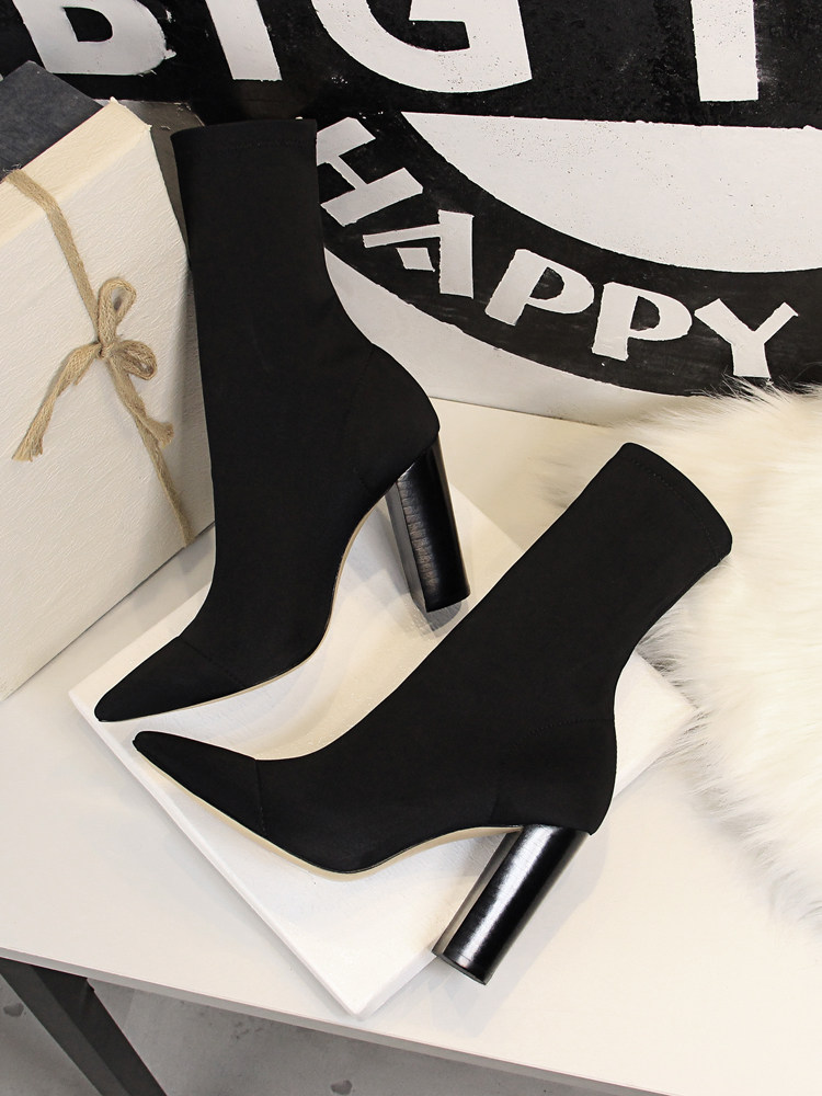 2022 NEW THIN BOOTS ELASTIC BOOTS WOMENS MID-TUBE AUTUMN AND WINTER SINGLE BOOTS POINTED TOE THICK HEELS HIGH HEELS ANKLE BOOTS LARGE SIZE SOCKS BOOTS