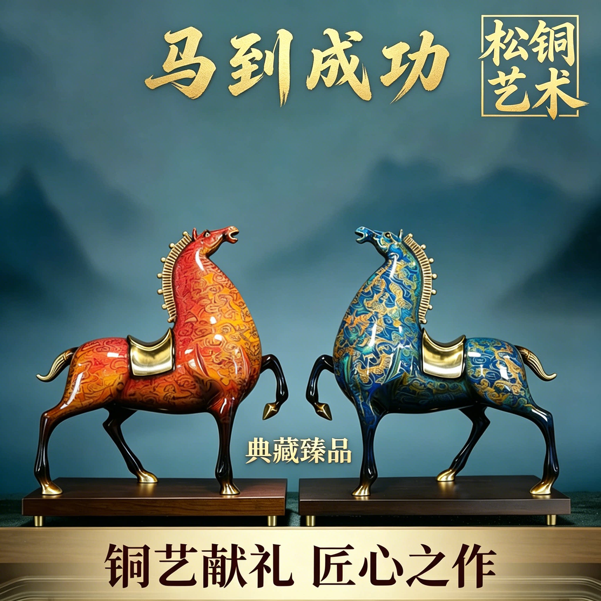 黄铜马到成功将军马大柒马摆件