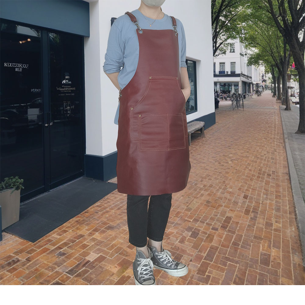 男女工作服发廊美发围裙时尚酒红色头层牛皮防水围裙围腰