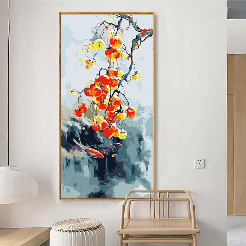 新中式diy数字油彩画柿柿如意风景填色画画手绘丙烯客厅玄关装饰图片