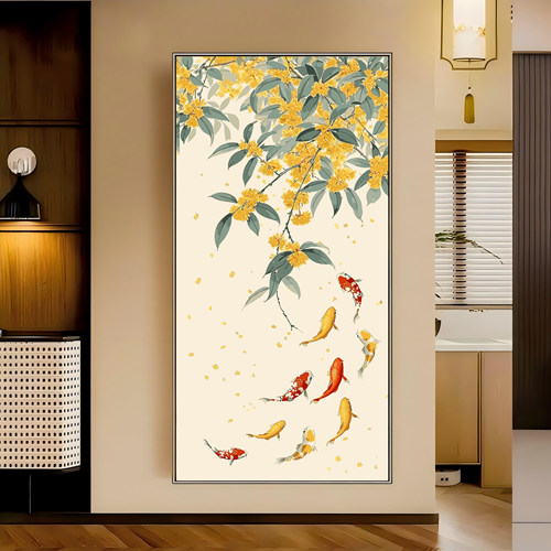 数字油画diy手绘填色填充桂花九鱼图玄关竖版大尺寸装饰画油彩画