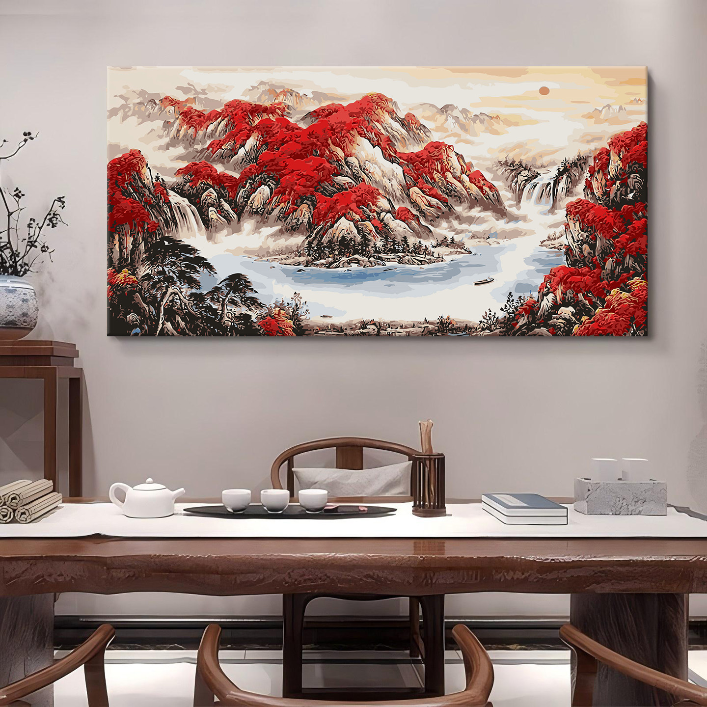 鸿运当头数字油画diy填充填色手绘山水国画横版大尺寸装饰油彩画