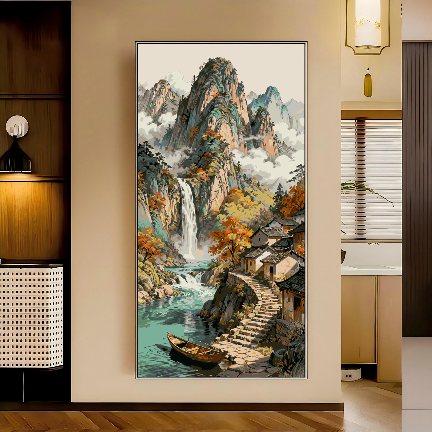 diy数字油画手绘填色填充中国风山水小溪竖版玄关大尺寸装饰油画
